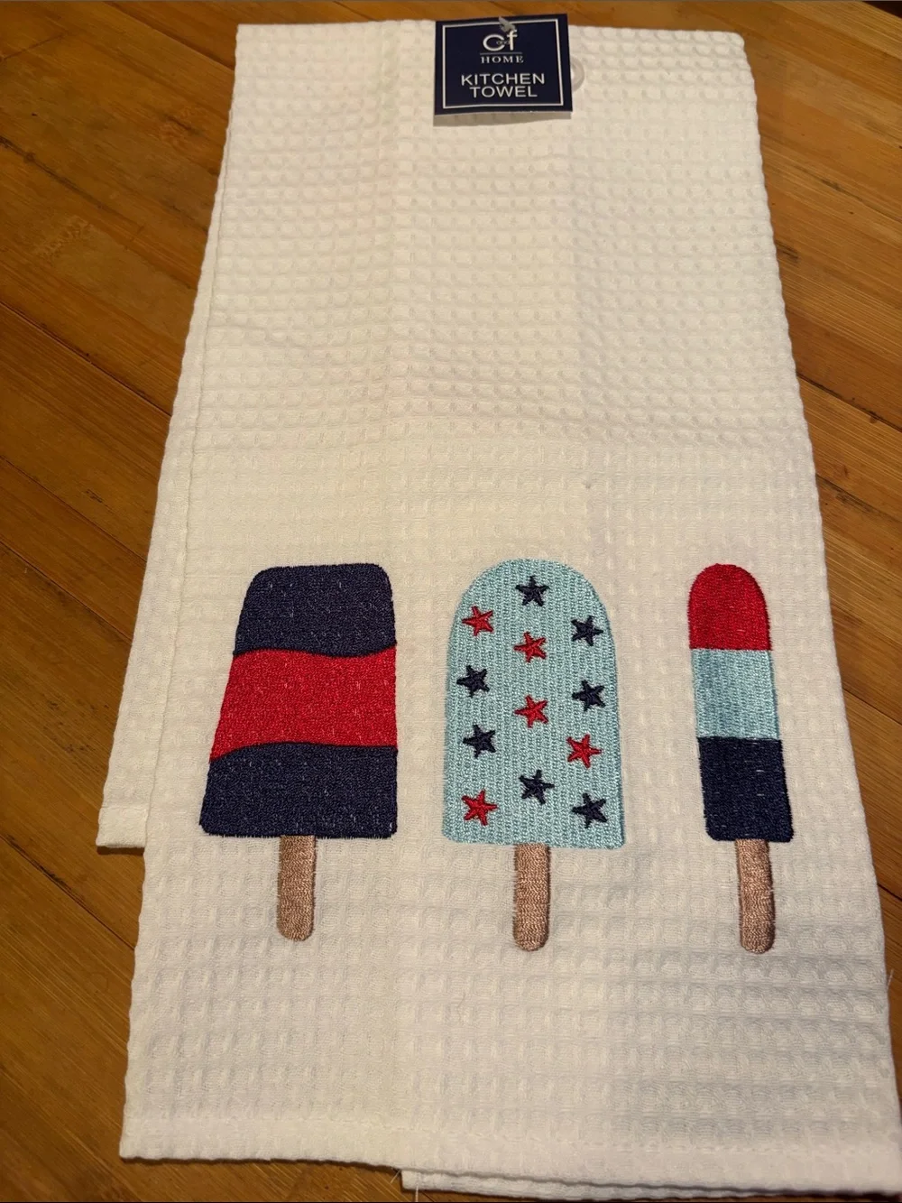 Kitchen Waffle Tea Towel with Red, Blue & Light Blue Popsicle Embroidery
